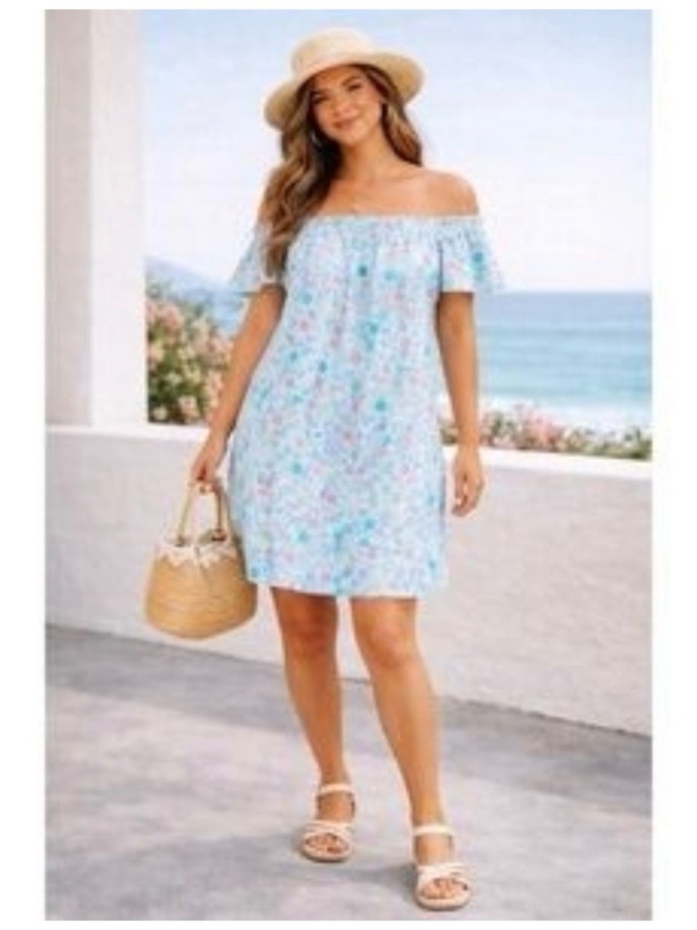Vineyard Vines Floral Flaingo Light Blue Floral Off-Shoulder Mini Dress - Picture 2 of 3